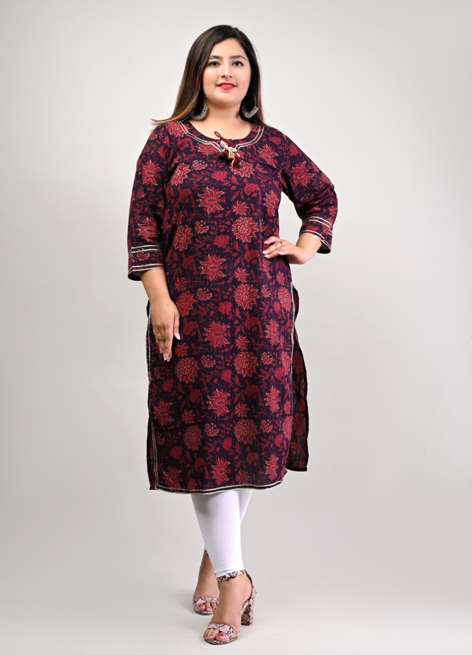 Plus Size Maroon Cotton Floral Print Straight Kurta-310