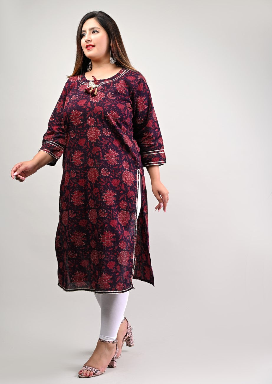 Plus Size Maroon Cotton Floral Print Straight Kurta-310