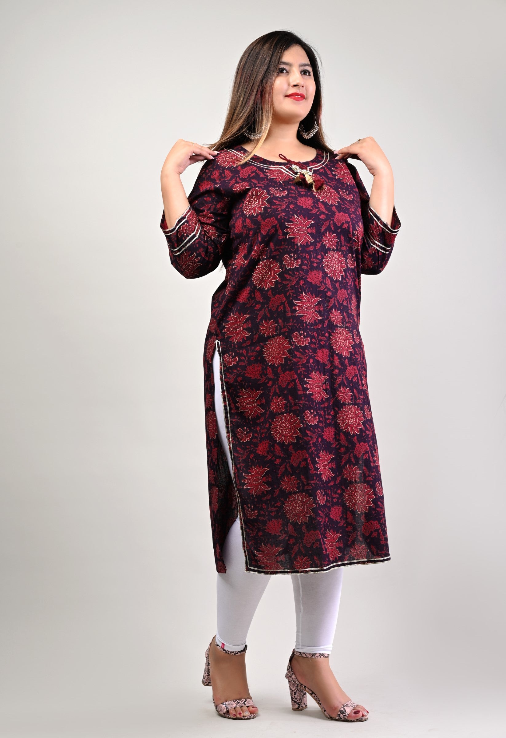 Plus Size Maroon Cotton Floral Print Straight Kurta-310