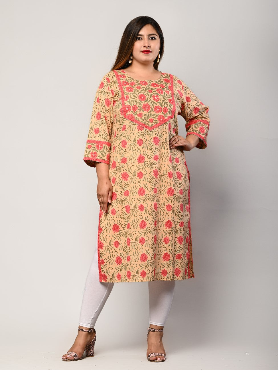 Plus Size Peach Cotton Floral Print Straight Kurta-344 Secondary image