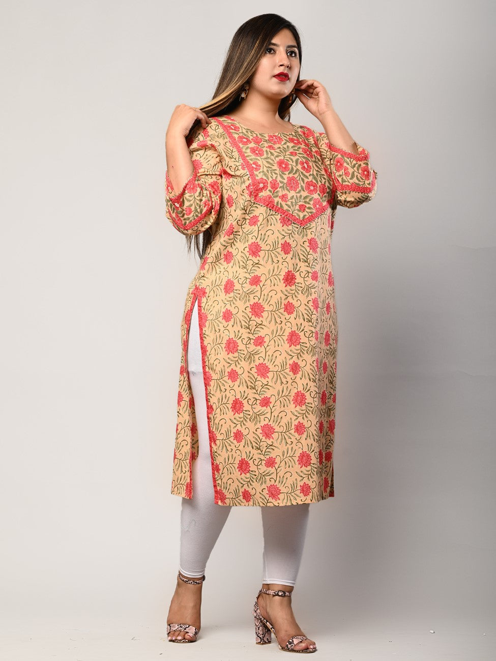 Plus Size Peach Cotton Floral Print Straight Kurta-344