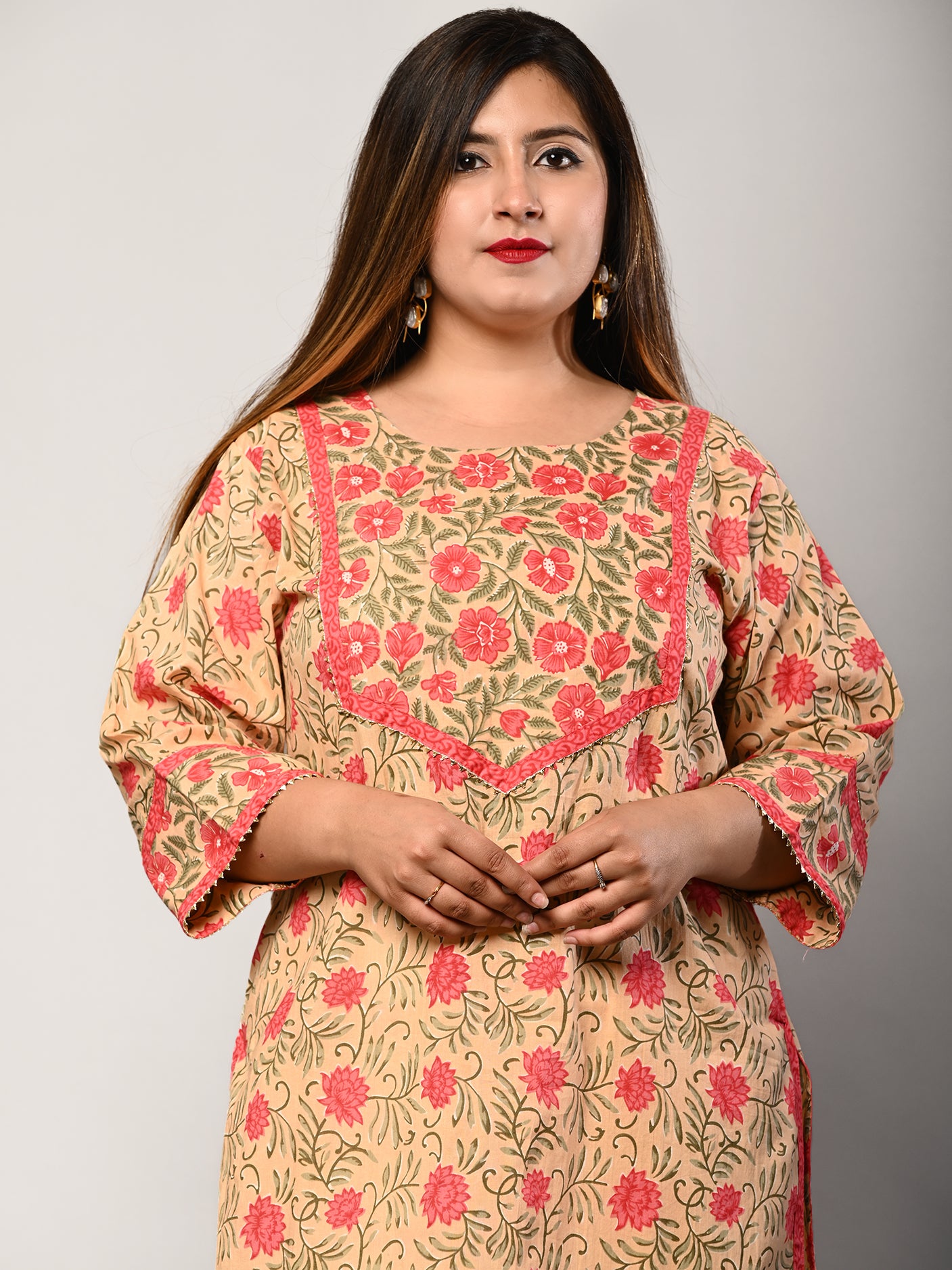 Peach Cotton Floral Print Plus Size Straight Kurta-100344 Secondary image