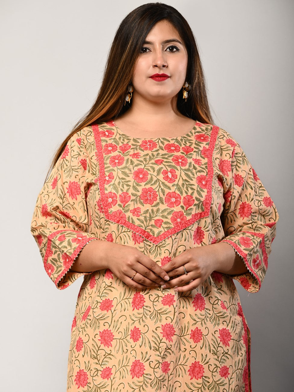 Plus Size Peach Cotton Floral Print Straight Kurta-344