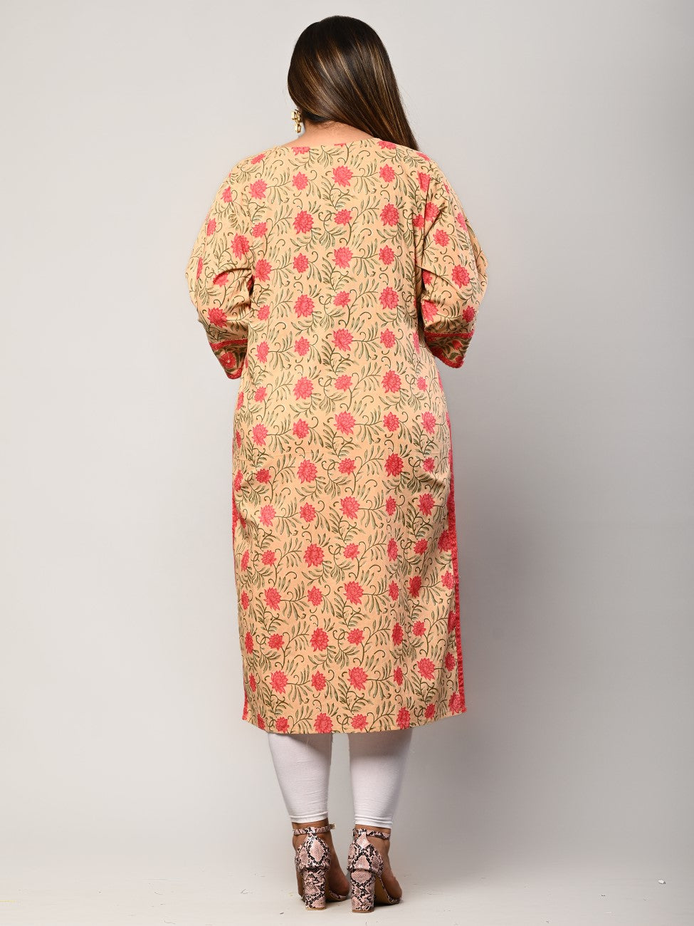 Plus Size Peach Cotton Floral Print Straight Kurta-344