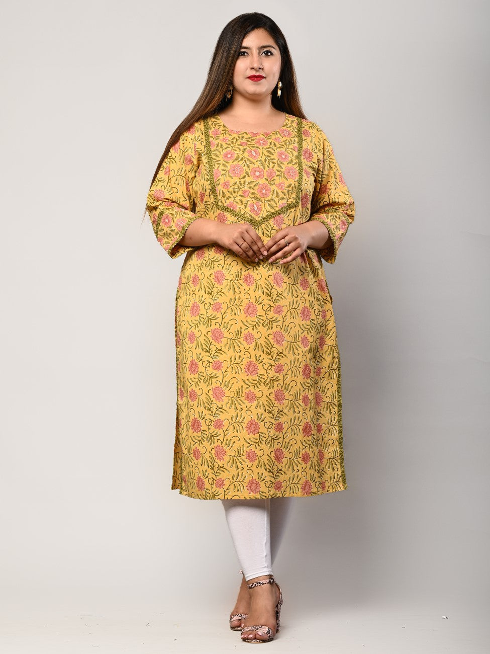 Plus Size Yellow Cotton Floral Print Straight Kurta-344