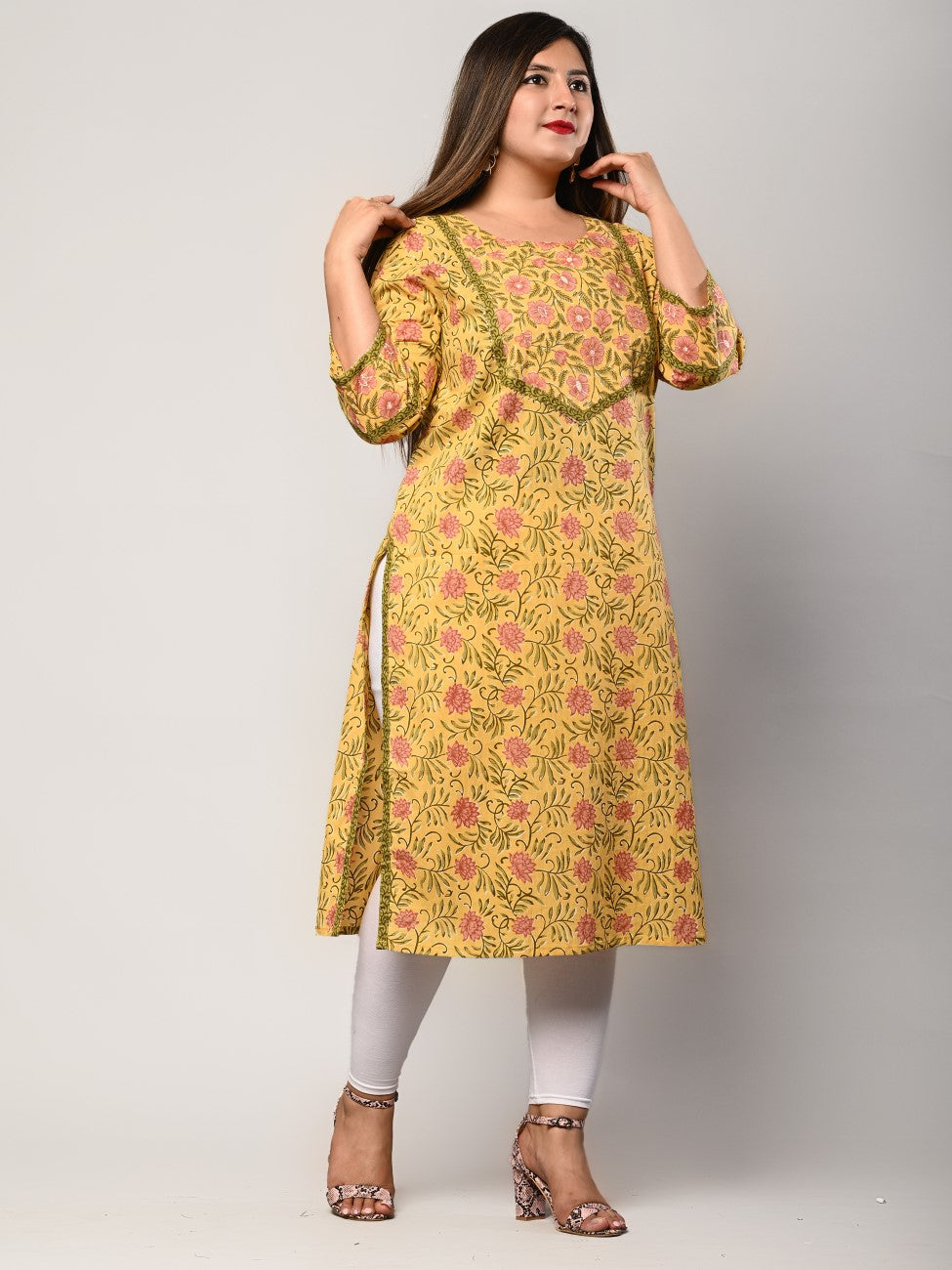 Plus Size Yellow Cotton Floral Print Straight Kurta-344