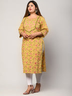 Plus Size Yellow Cotton Floral Print Straight Kurta-344