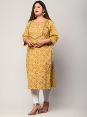 Plus Size Yellow Cotton Floral Print Straight Kurta-344