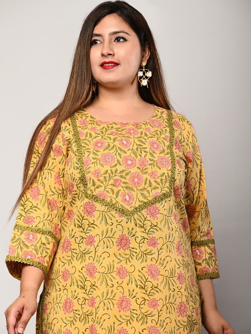 Plus Size Yellow Cotton Floral Print Straight Kurta-344
