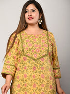 Plus Size Yellow Cotton Floral Print Straight Kurta-344
