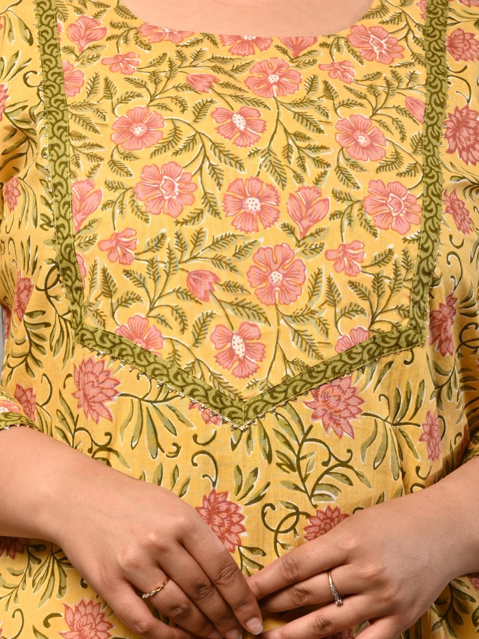 Plus Size Yellow Cotton Floral Print Straight Kurta-344