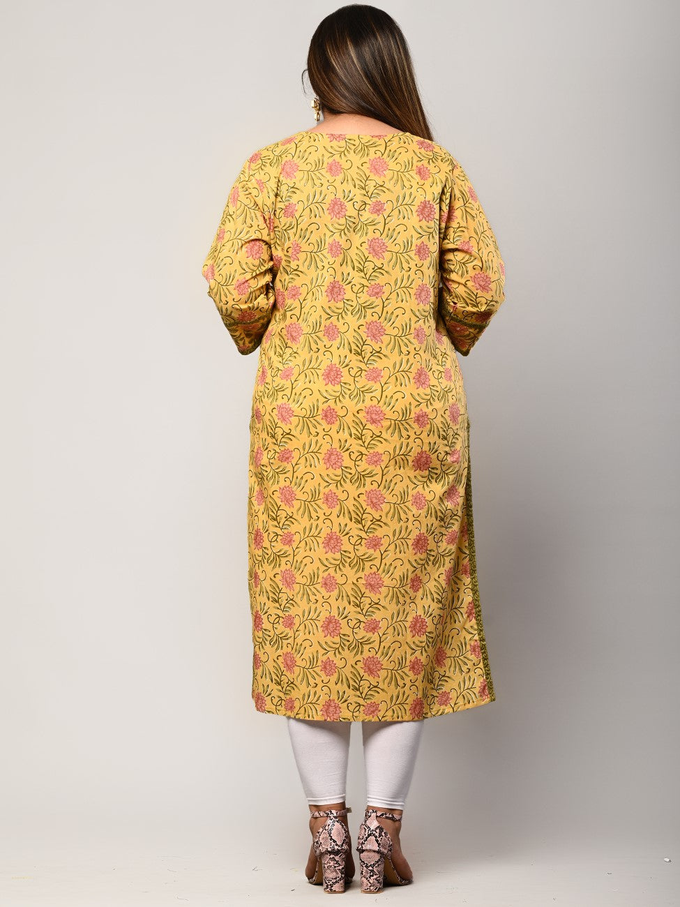 Plus Size Yellow Cotton Floral Print Straight Kurta-344