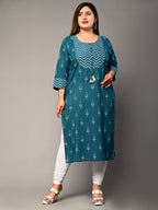 Plus Size Blue Cotton Ikat Print Straight Kurta-355
