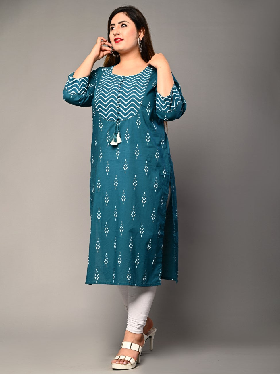 Plus Size Blue Cotton Ikat Print Straight Kurta-355