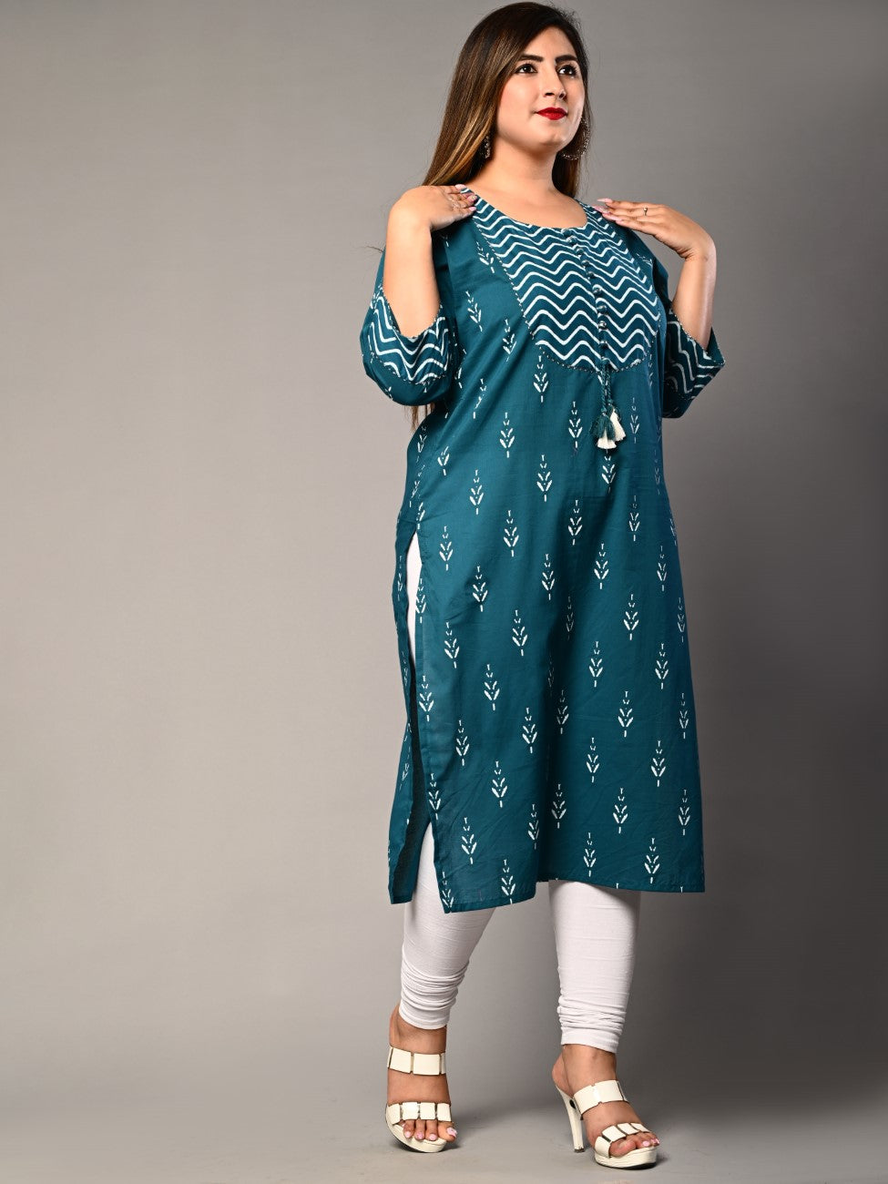 Plus Size Blue Cotton Ikat Print Straight Kurta-355
