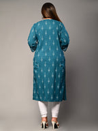 Plus Size Blue Cotton Ikat Print Straight Kurta-355