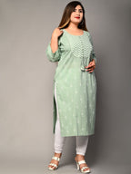 Plus Size Green Cotton Ikat Print Straight Kurta-355