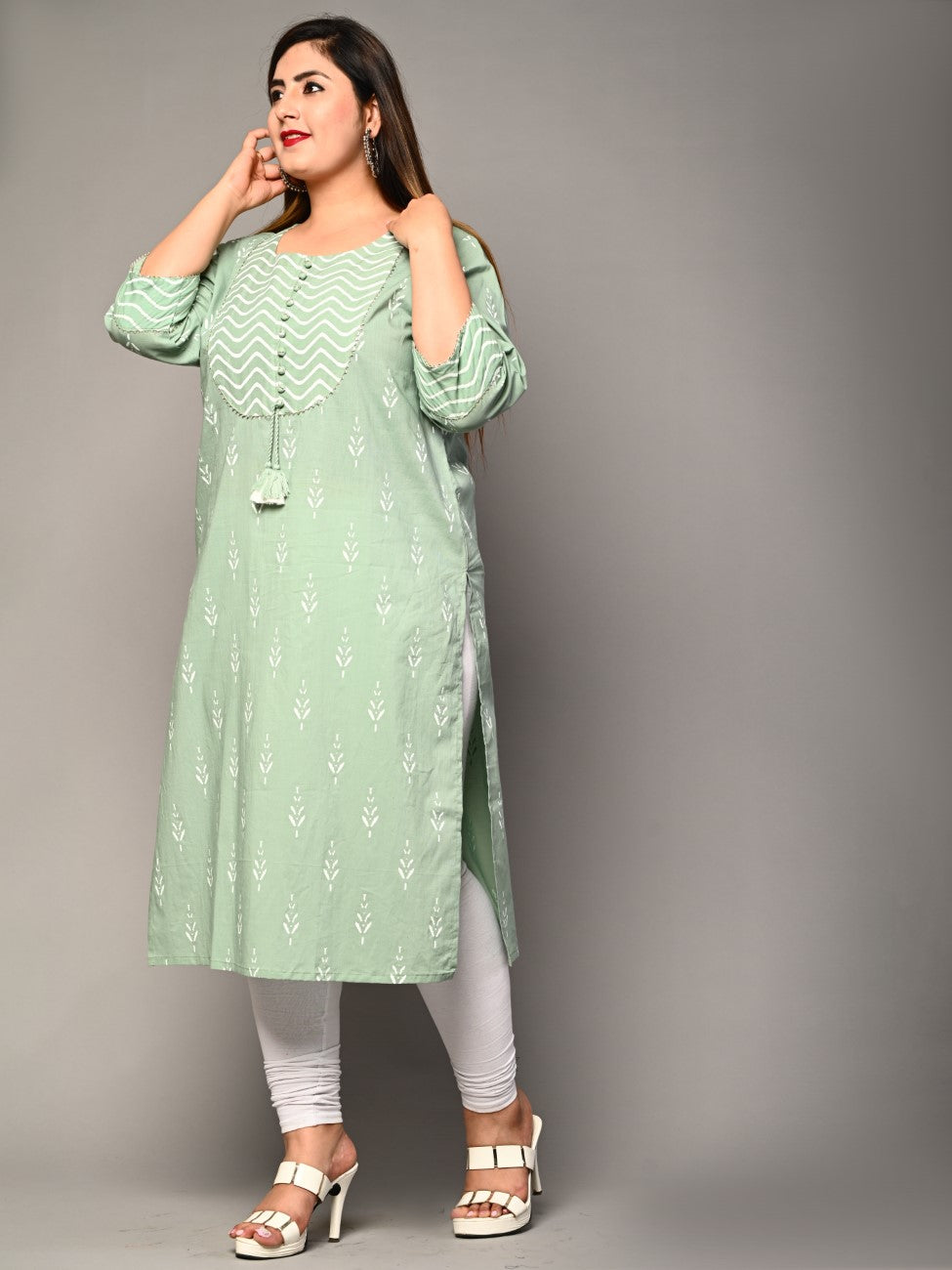 Plus Size Green Cotton Ikat Print Straight Kurta-355