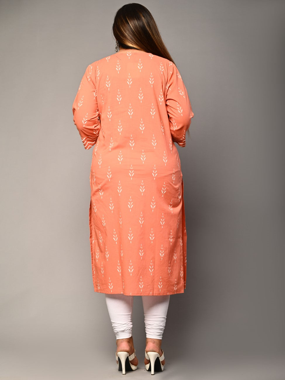Plus Size Peach Cotton Ikat Print Straight Kurta-355