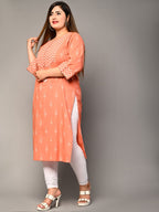 Plus Size Peach Cotton Ikat Print Straight Kurta-355