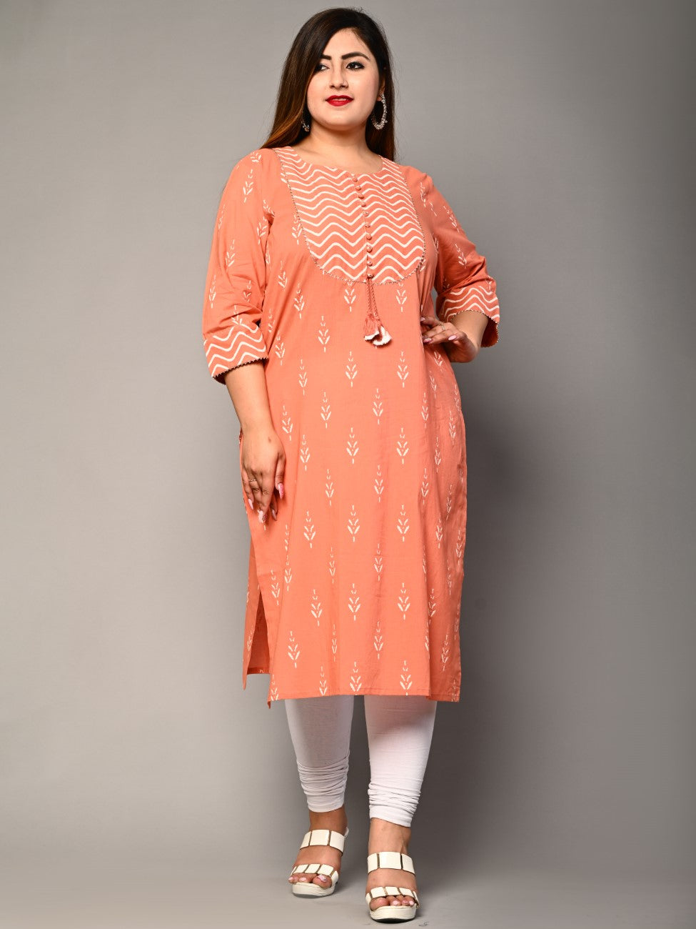 Plus Size Peach Cotton Ikat Print Straight Kurta-355