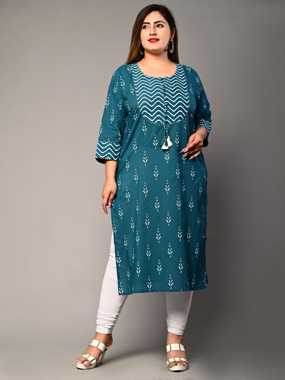 Plus Size Blue Cotton Ikat Print Straight Kurta-355 Main image