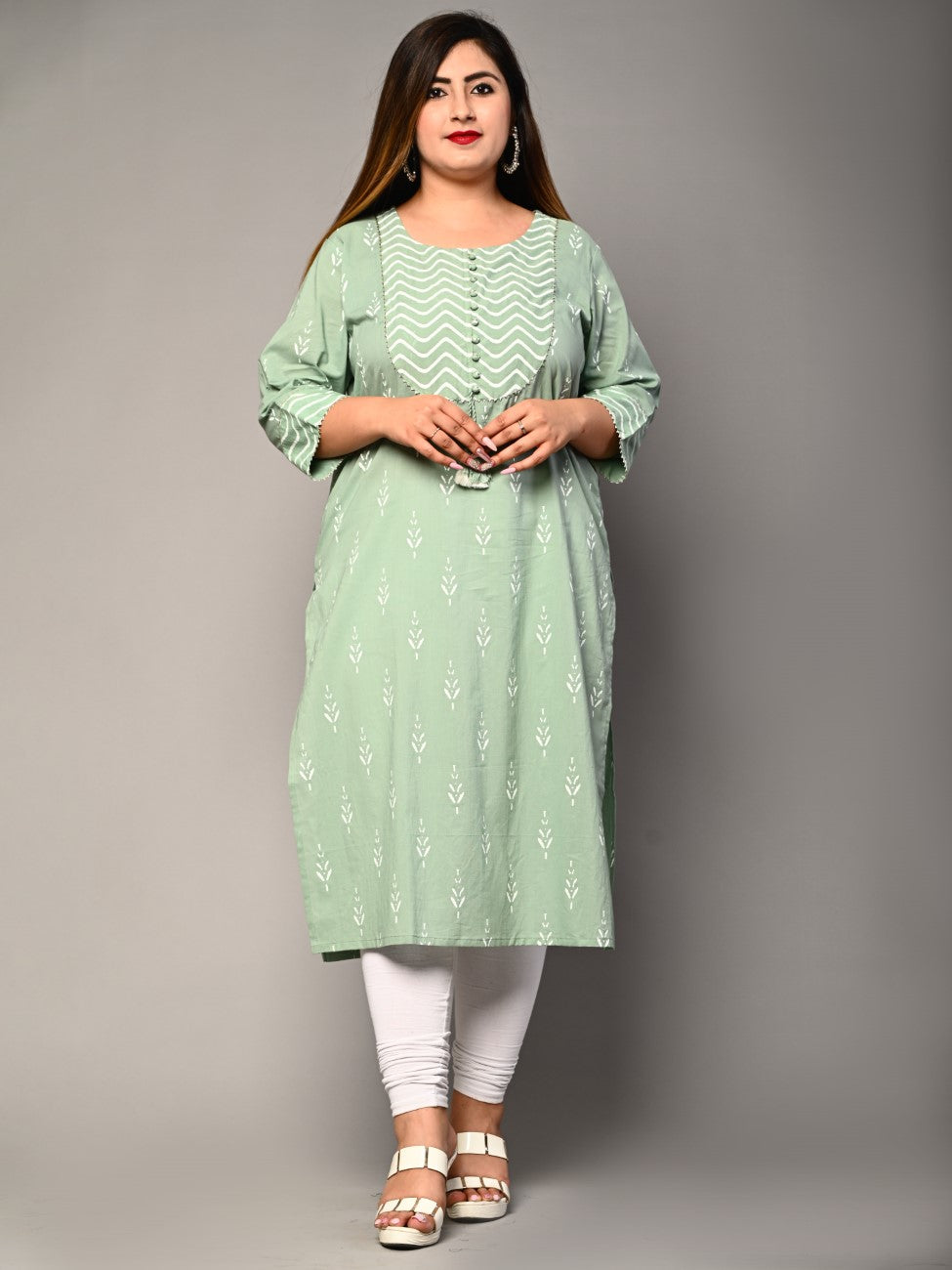 Plus Size Green Cotton Ikat Print Straight Kurta-355 Main image