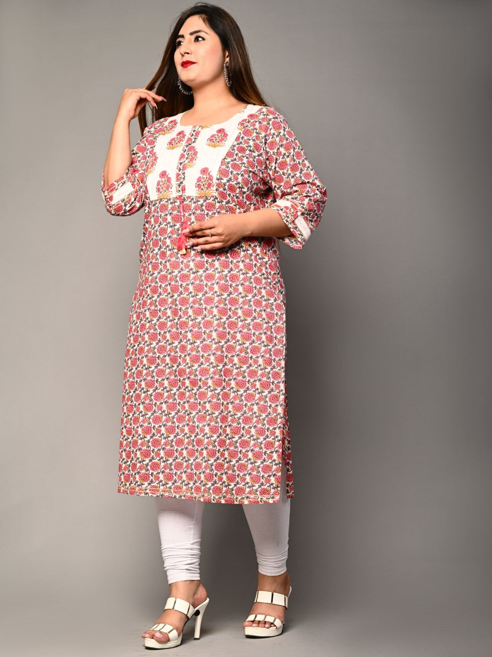 Plus Size Pink Cotton  Floral Print Straight Kurta-364