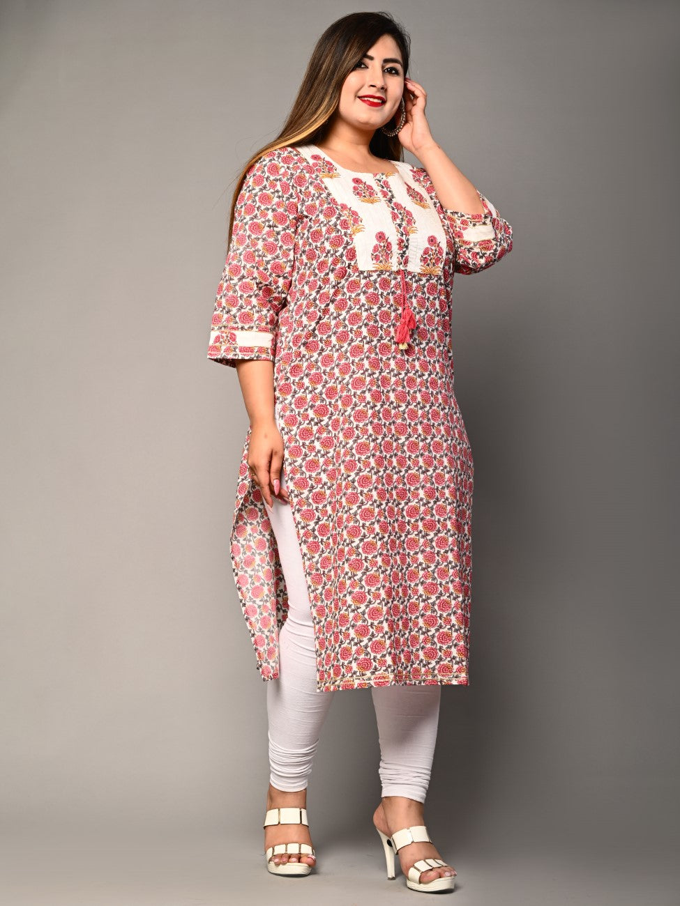 Plus Size Pink Cotton  Floral Print Straight Kurta-364