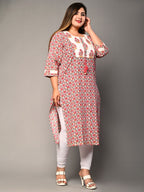 Plus Size Pink Cotton  Floral Print Straight Kurta-364