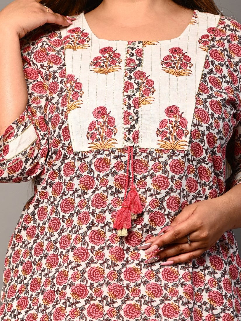 Plus Size Pink Cotton  Floral Print Straight Kurta-364