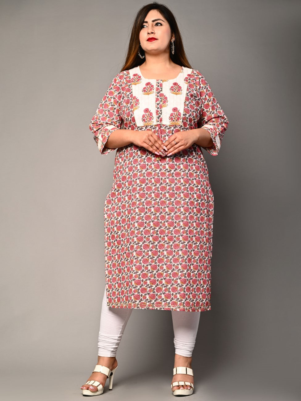 Plus Size Pink Cotton  Floral Print Straight Kurta-364 Main image