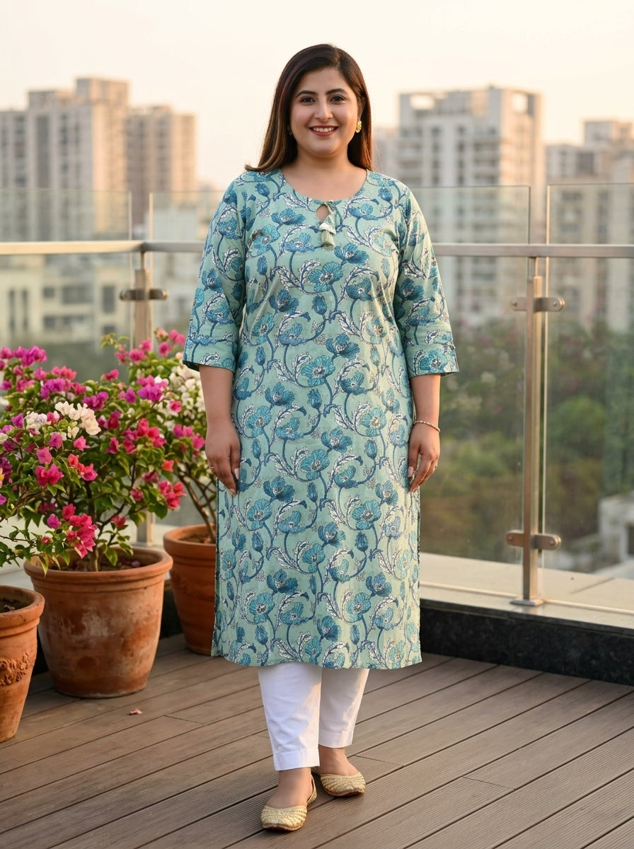Green Cotton Floral Print Plus Size Straight Kurta-100369