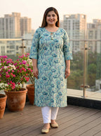 Green Cotton Floral Print Plus Size Straight Kurta-100369