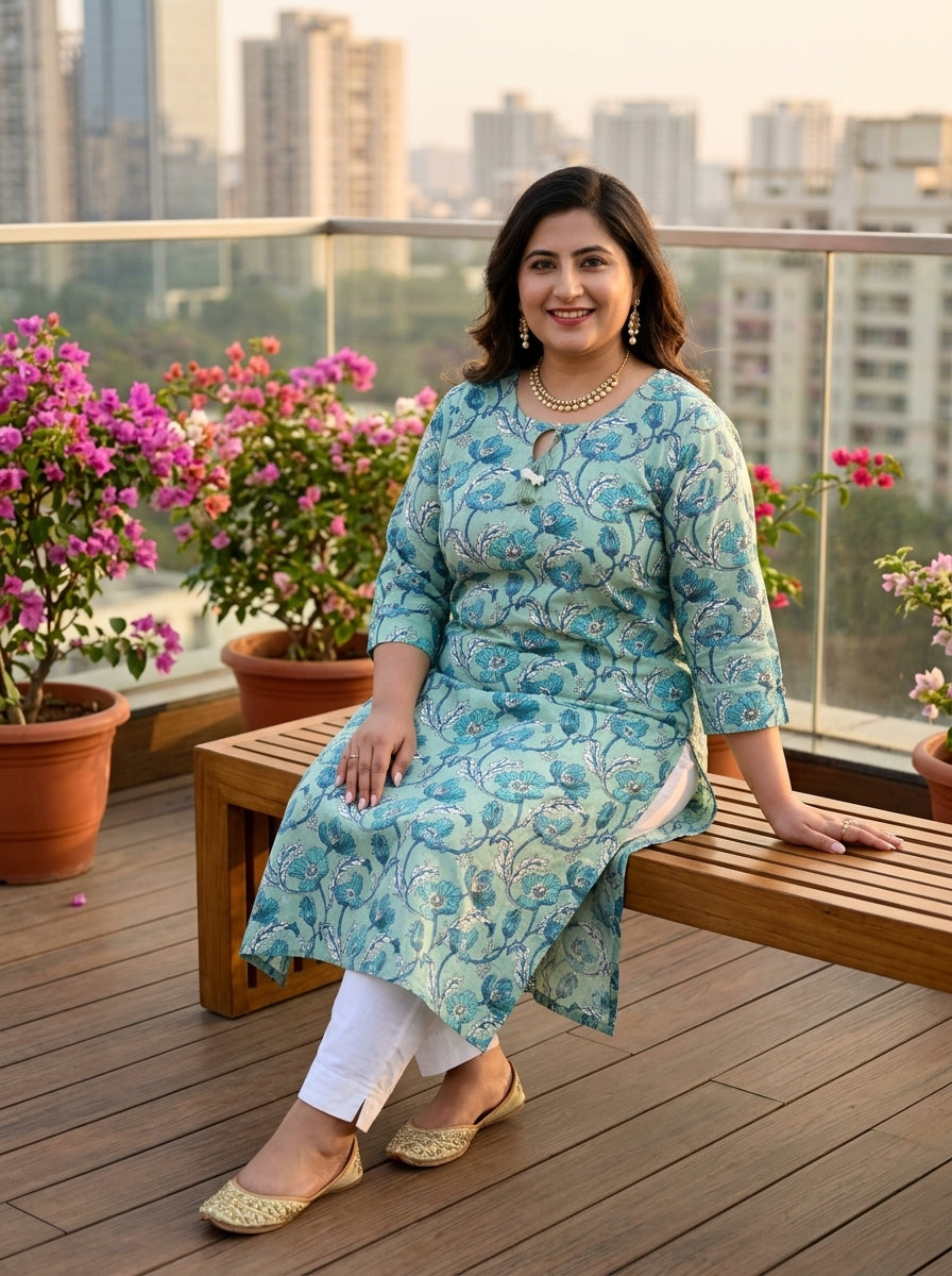 Green Cotton Floral Print Plus Size Straight Kurta-100369