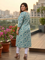 Green Cotton Floral Print Plus Size Straight Kurta-100369
