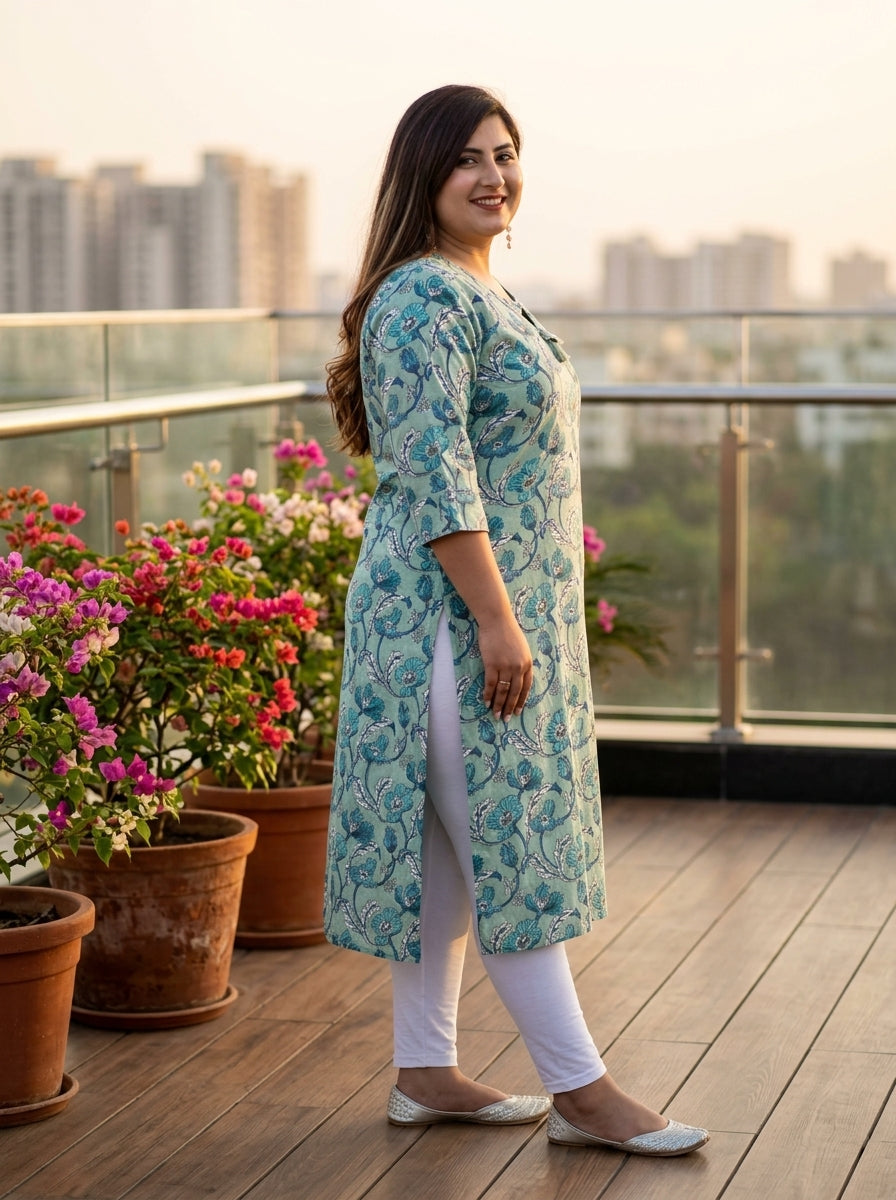 Green Cotton Floral Print Plus Size Straight Kurta-100369
