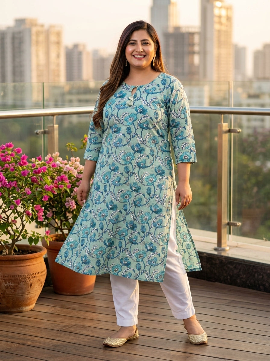 Green Cotton Floral Print Plus Size Straight Kurta-100369