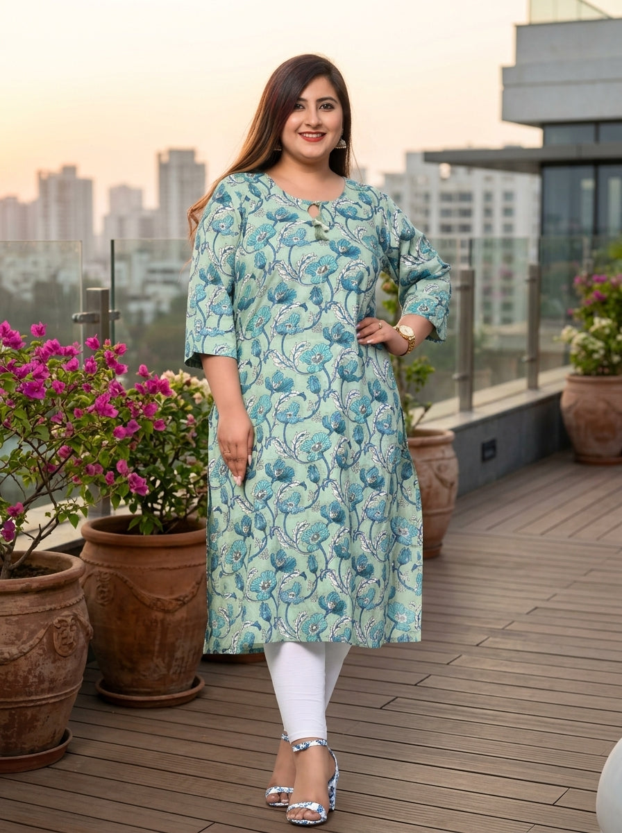 Green Cotton Floral Print Plus Size Straight Kurta-100369