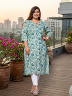 Green Cotton Floral Print Plus Size Straight Kurta-100369