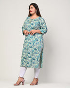 Plus Size Blue Cotton Floral Print Straight Kurta-369