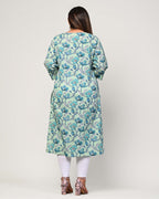 Plus Size Blue Cotton Floral Print Straight Kurta-369