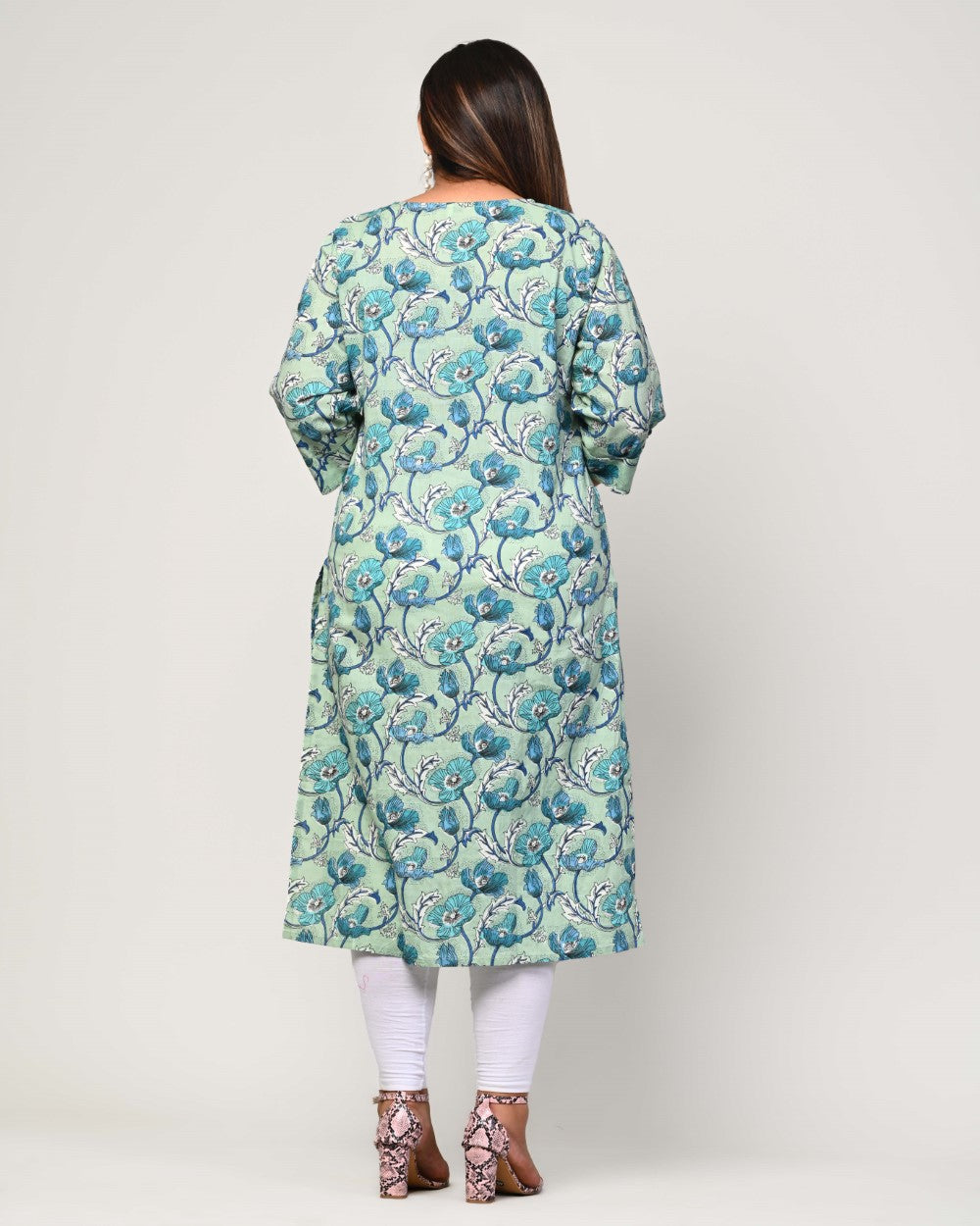 Plus Size Blue Cotton Floral Print Straight Kurta-369