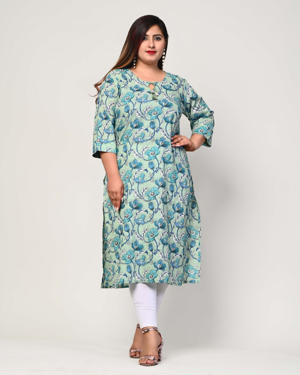 Plus Size Blue Cotton Floral Print Straight Kurta-369 Main image