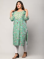 Plus Size Green Cotton Floral Print Straight Kurta-375