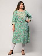 Plus Size Green Cotton Floral Print Straight Kurta-375