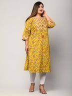 Plus Size Yellow Cotton Floral Print Straight Kurta-375