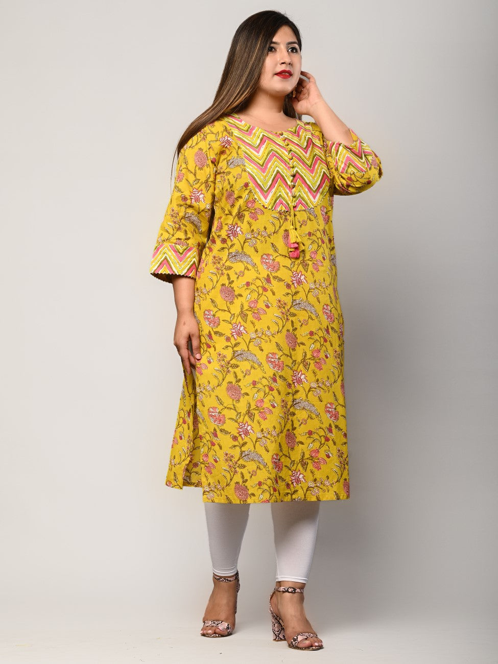 Plus Size Yellow Cotton Floral Print Straight Kurta-375