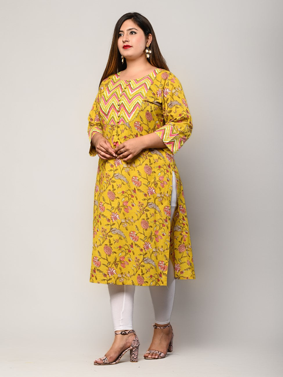 Plus Size Yellow Cotton Floral Print Straight Kurta-375
