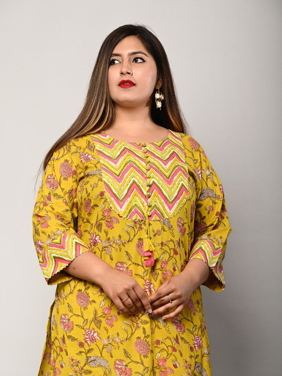 Plus Size Yellow Cotton Floral Print Straight Kurta-375